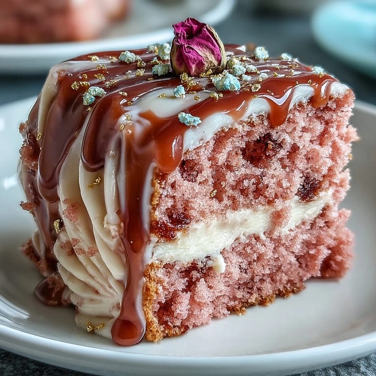 Decadent Rosé Velvet Cake featuring a beautiful cascading gold drip.