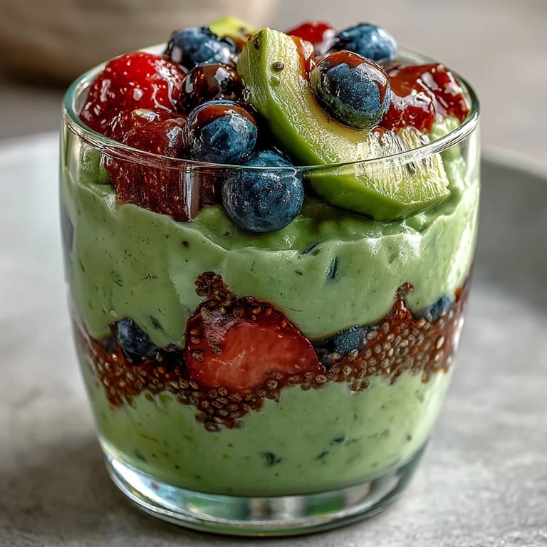 Wholesome breakfast delight: Fiber-Rich Avocado Chia Pudding Parfait with vibrant fruit toppings.