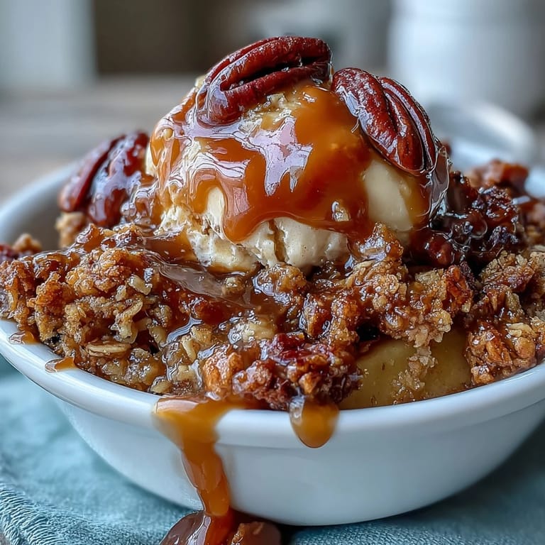 Enjoy a generous scoop of Father's Day Whiskey Caramel Apple Crisp, its rich topping glistening.