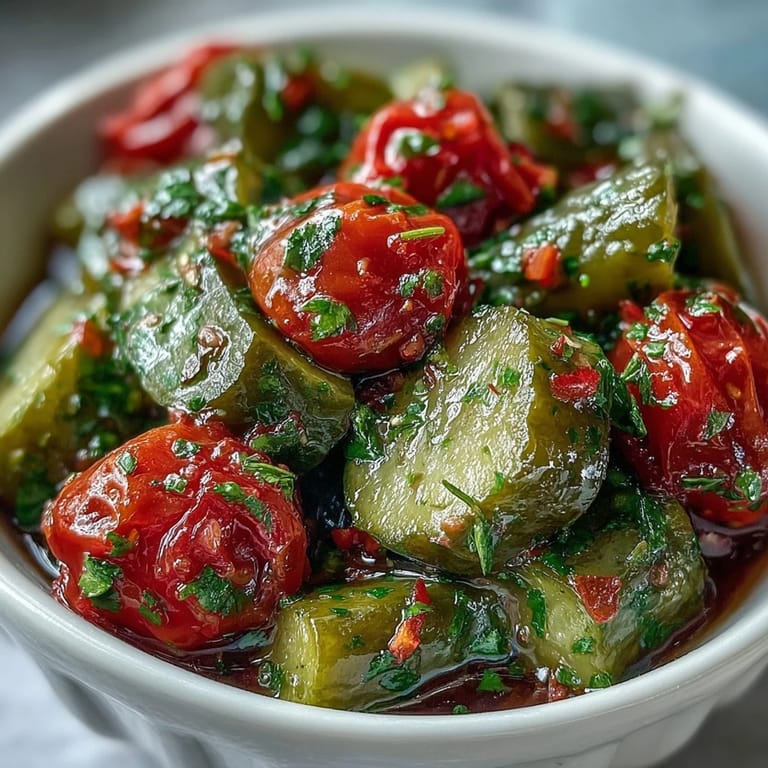 A close-up of easy pickle de gallo salsa, showcasing chunky tomatoes and pickle bits.
