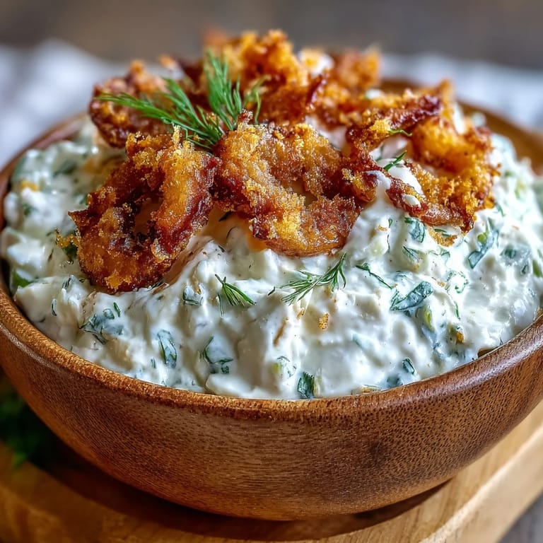 Tangy Fried Pickle Dip topped with crispy pickles and fresh green onions.