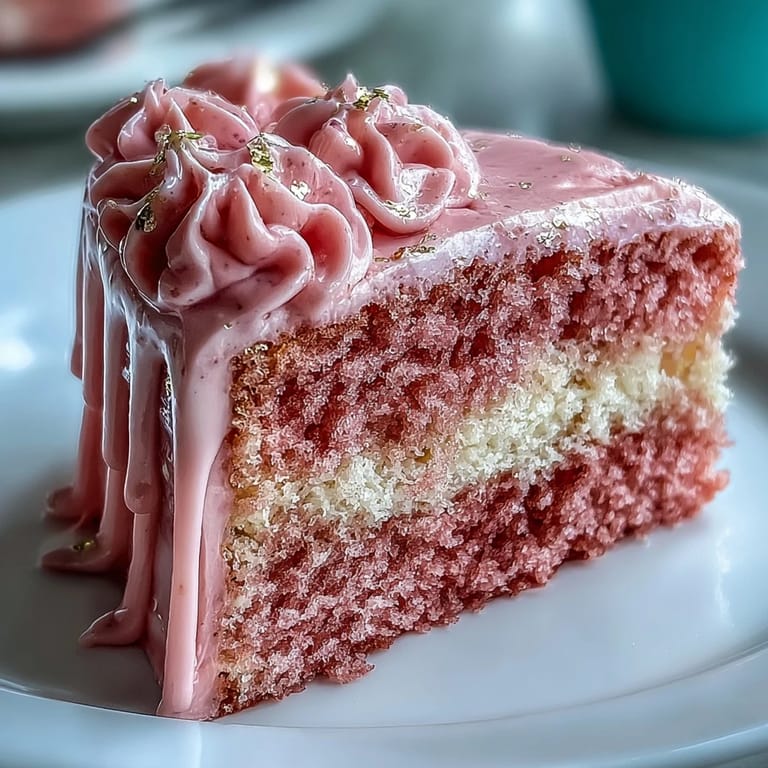 Close-up of Bridal Shower Rosé Velvet Cake, showing its pink hue and shimmering gold drip.