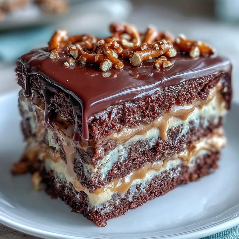 Celebrate Dad with this moist chocolate peanut butter pretzel cake, perfect for dessert.