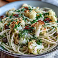 Roasted cauliflower florets and anchovy fillets tossed in whole wheat spaghetti for a savory, umami-rich Italian pasta dish.