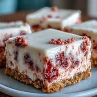 A close-up view of homemade No-Bake Strawberry Fudge Squares with a crunchy graham cracker crust and a creamy, bright pink strawberry layer.