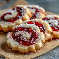 Golden-brown Raspberry Swirl Shortbread Cookies on a wire rack show a jam center with crisp edges and soft texture.