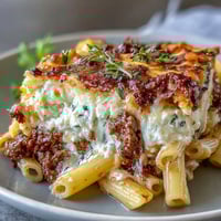 Cottage Cheese Protein Pasta Bake with Ground Beef, fresh from the oven, features golden, bubbling mozzarella topping a hearty skillet of beef and tomato sauce.