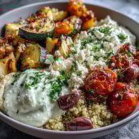 A vibrant Mediterranean Buddha Bowl with roasted vegetables, chickpeas, feta, and hummus on fluffy quinoa.