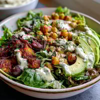 Golden roasted Mediterranean vegetables, chickpeas, avocado, olives, and hummus in a vibrant Vegan Mediterranean Buddha Bowl.