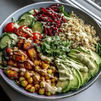 Vibrant Buddha Bowl with quinoa, roasted sweet potatoes, crispy chickpeas, fresh veggies, and creamy garlic tahini dressing.  