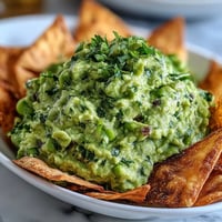 Vibrant green edamame guacamole served with crispy, golden pita chips for a healthy, protein-rich snack.  