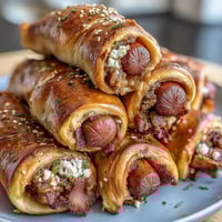 Golden crescent roll dough wraps around mini hot dogs, baked to perfection for a fun, bite-sized snack.  