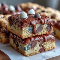 Chewy cookie bars filled with chocolate chips and colorful candies, drizzled with white chocolate for a festive graduation treat.  