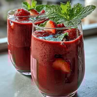 A vibrant glass of Homemade Starbucks Strawberry Açaí Refresher with fresh strawberries and ice cubes.