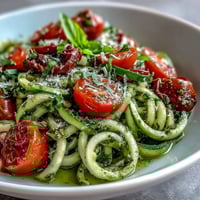 Zucchini Noodles with Pesto and Cherry Tomatoes, a fresh and vibrant vegetarian dish with spiralized zucchini, homemade basil pesto, and sweet cherry tomatoes.  