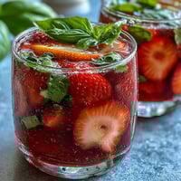 Strawberry Basil Sangria Mocktail in a glass pitcher, garnished with fresh basil and sliced strawberries, perfect for summer gatherings.