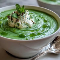 A vibrant bowl of spring pea soup with creamy whipped ricotta and fragrant mint oil drizzle.