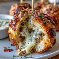 Golden cheese balls wrapped around green olives, baked until crispy and served warm on appetizer skewers for Derby parties.