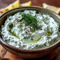 Creamy Skyr Tzatziki Dip, bursting with fresh dill and cool cucumber.