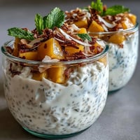 Creamy Skyr Protein Chia Pudding with vibrant mango swirls and fresh toppings.